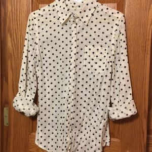 White, navy blue polka dotted button down shirt